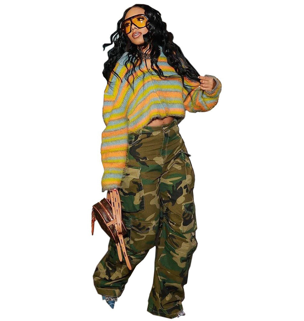 European and american style camouflage pants -  cross-border women's winter new arrivals - street fashion multi-pocket straight-leg jeans