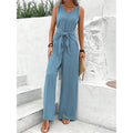 Women's sleeveless v-neck tie-waist bodysuit with knotted straps, wide-leg jumpsuit crop top - perfect for beach vacations and everyday casual wear