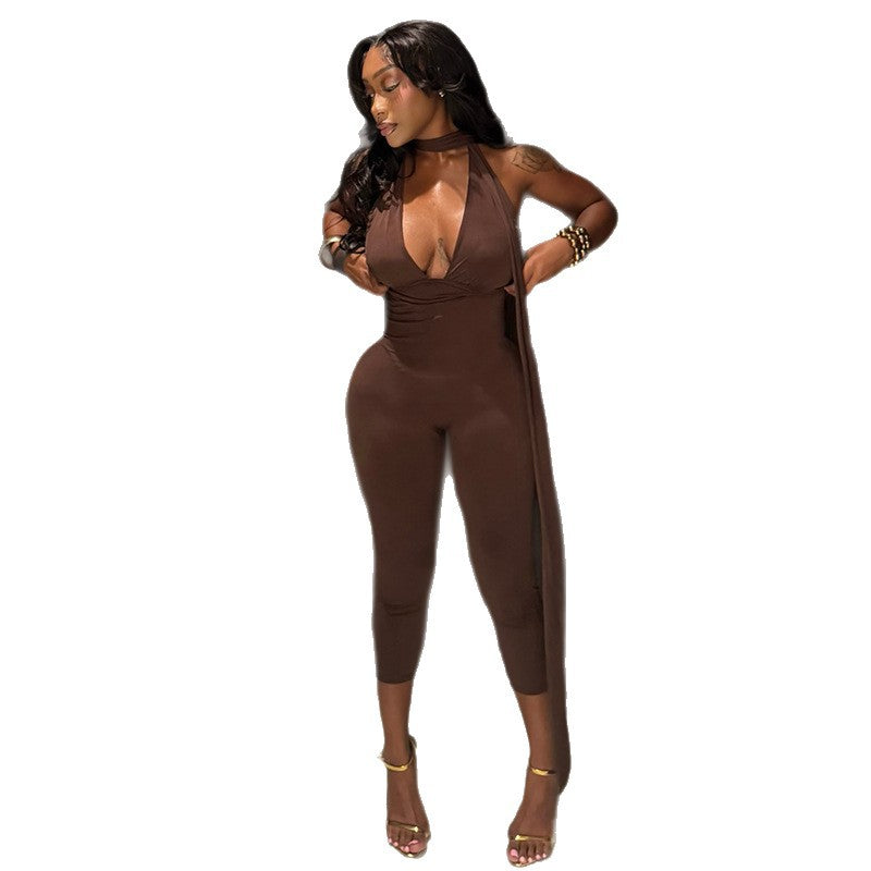 European and american style ins cross-border women's small-leg sports commuter jumpsuit v-neck strap silm pure color trendy jumpsuit