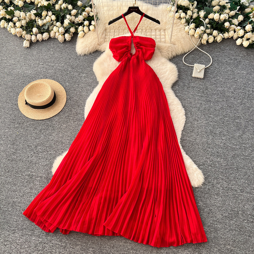 Beach vacation style ethereal flowy red beach dress women's french sweet halter sundress