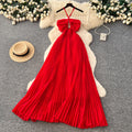 Beach vacation style ethereal flowy red beach dress women's french sweet halter sundress