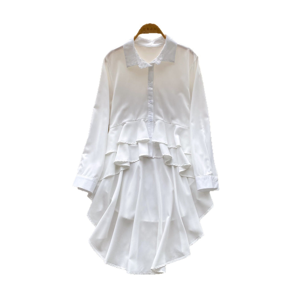 Korean style design lapel long sleeve shirt dress women's summer ruffle asymmetrical midi dress commute elegant