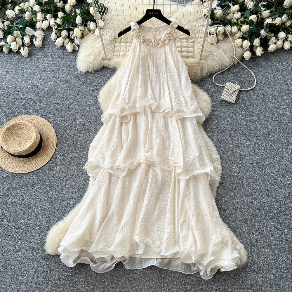 French halter sleeveless pure desire dress women's summer  new arrival vacation style white cake skirt elegant long skirt