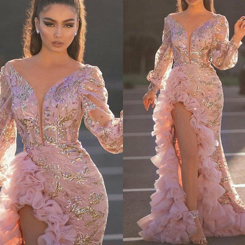 spring/summer new european and american style sexy hip-hugging sequined pink long mesh evening gown with train