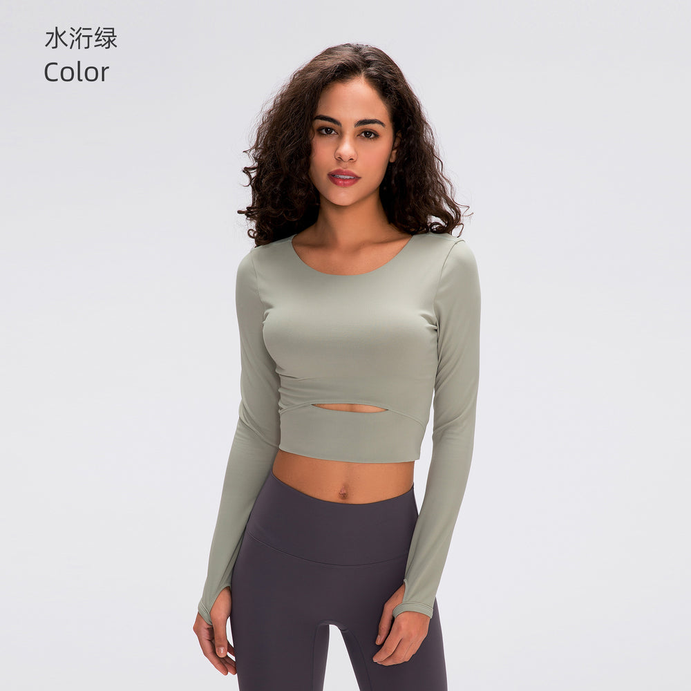 European and american new style padded sports long sleeve t-shirt, fashionable cropped fit, outdoor running slim yoga top for women s2032