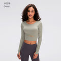 European and american new style padded sports long sleeve t-shirt, fashionable cropped fit, outdoor running slim yoga top for women s2032