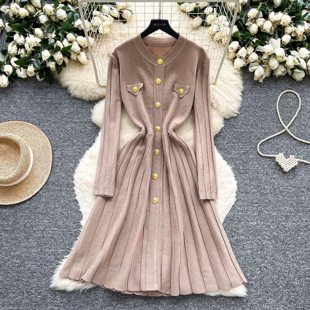 Classysense niche stylefrenchretro metal buckle waist slimming look round neck long sleevessweaterdress women's bottom long skirt
