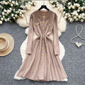 Classysense niche stylefrenchretro metal buckle waist slimming look round neck long sleevessweaterdress women's bottom long skirt