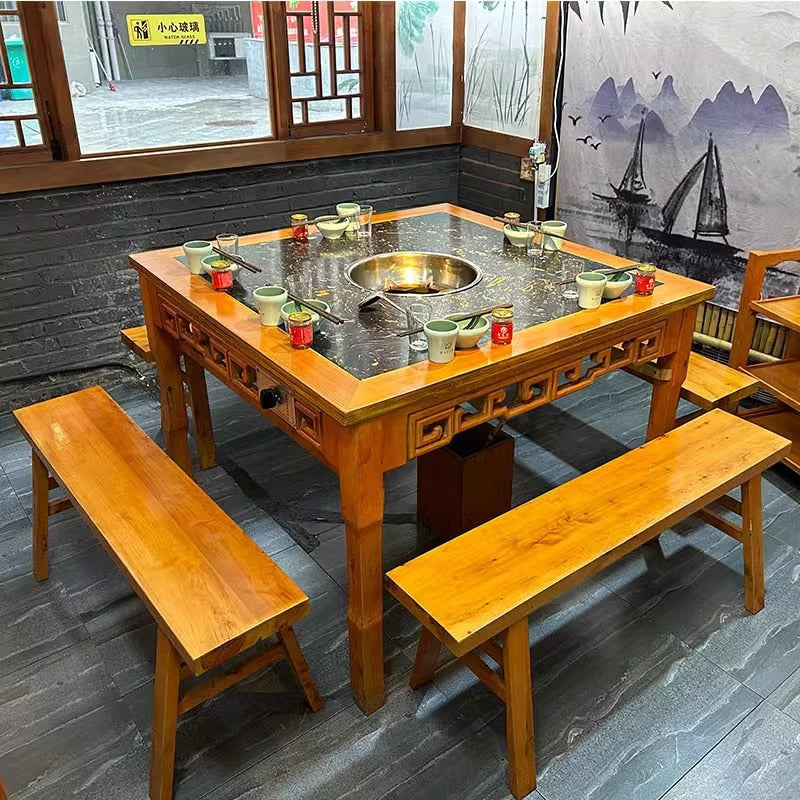 Customized hot pot barbecue table, smokeless purifier, induction cooker, integrated roasting and rinsing, skewers of fragrant barbecue shop, hot pot tables and chairs