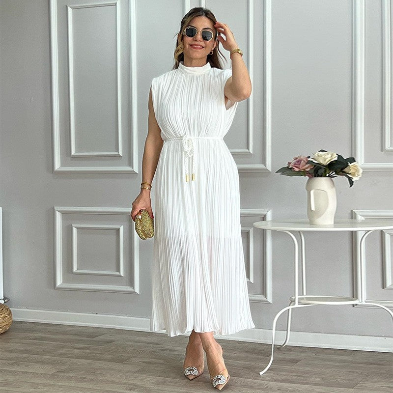 Ready-to-ship european and american export women's clothing,  spring/summer collection: fashionable and minimalist midi dress with mock neck, cinched waist, and tie detail