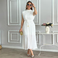 Ready-to-ship european and american export women's clothing,  spring/summer collection: fashionable and minimalist midi dress with mock neck, cinched waist, and tie detail