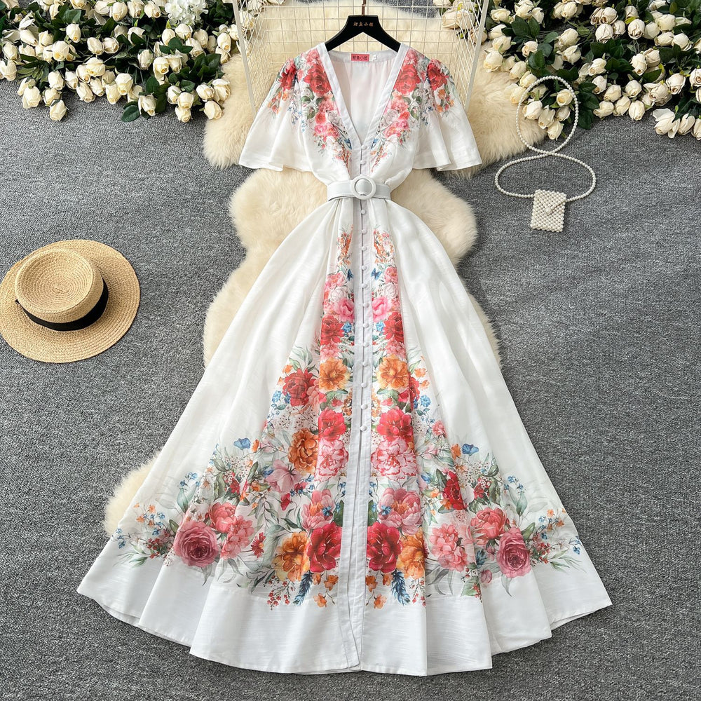 French dress women's  spring elegance deep v neck single breasted small flying sleeves waist large swing printing vacation long skirt