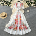 French dress women's  spring elegance deep v neck single breasted small flying sleeves waist large swing printing vacation long skirt