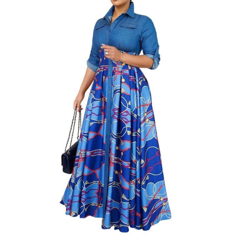 Q097 independent station  foreign trade women's fashion casual elegant printed turn-down collar shirt dress cross-border dress