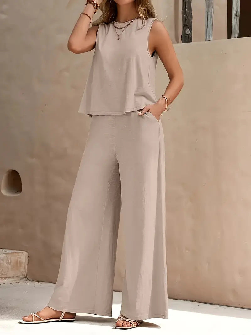 fashion cross-border best sellingpure colorelegancetwo-piece set round neck vest and loose pants suit women's clothing