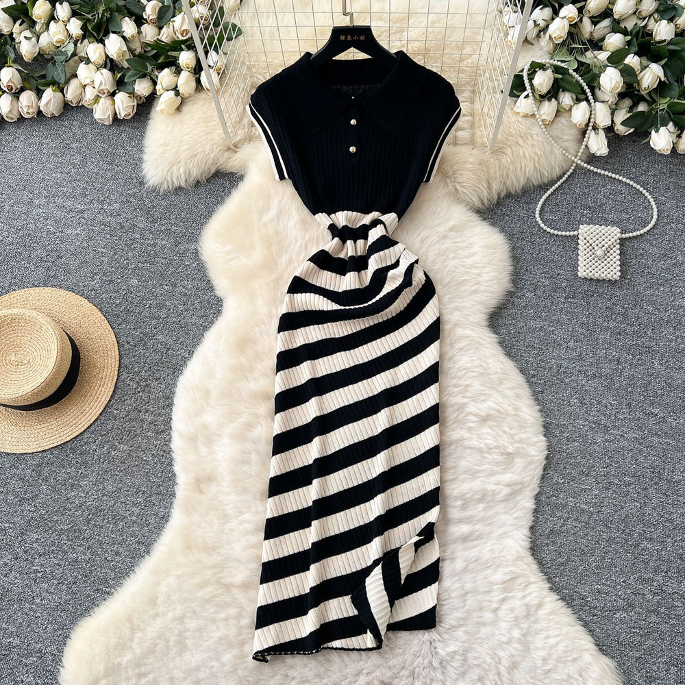 Korean chic niche retro fashion color block diagonal stripe dress - women's slim fit bodycon knit mini dress with slit