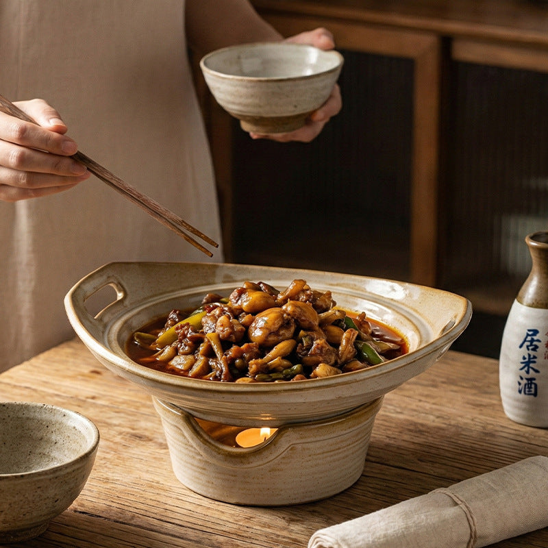 Retro high-looking double-ear ming stove tableware dry pot bullfrog potato stew chicken restaurant hotel commercial ceramic plate