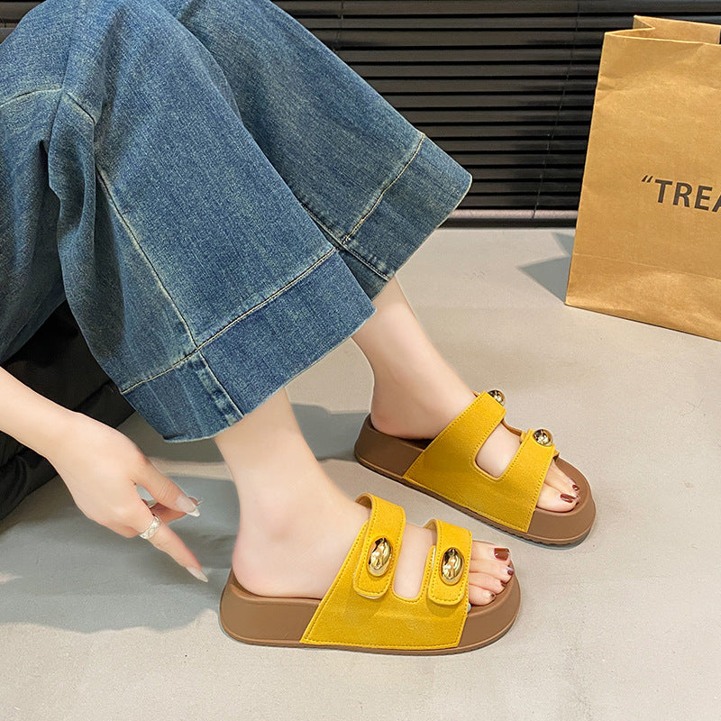 Summernew arrival round head gold bean buckle double strap fashioncasual style outwear women's slippers thick soleeasiest for matchpopular boken sandals