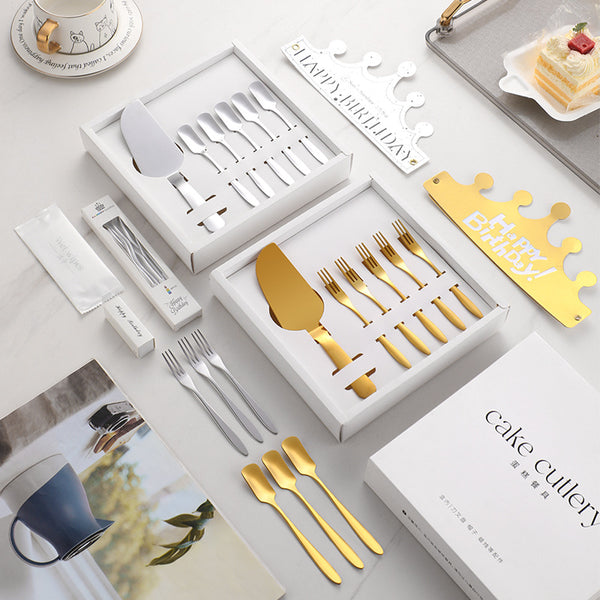 Customized Island Qi Stainless Steel Cake Knife Fork Spoon Set Dessert Spoon Fruit Fork Baking Utensils Birthday Gift Set