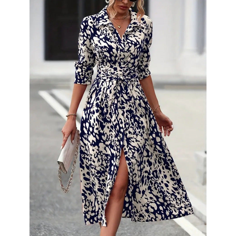 Shipped to fashion cross-border  all-over printing buttons long sleeves waist a-line dress independent station