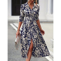 Shipped to fashion cross-border  all-over printing buttons long sleeves waist a-line dress independent station