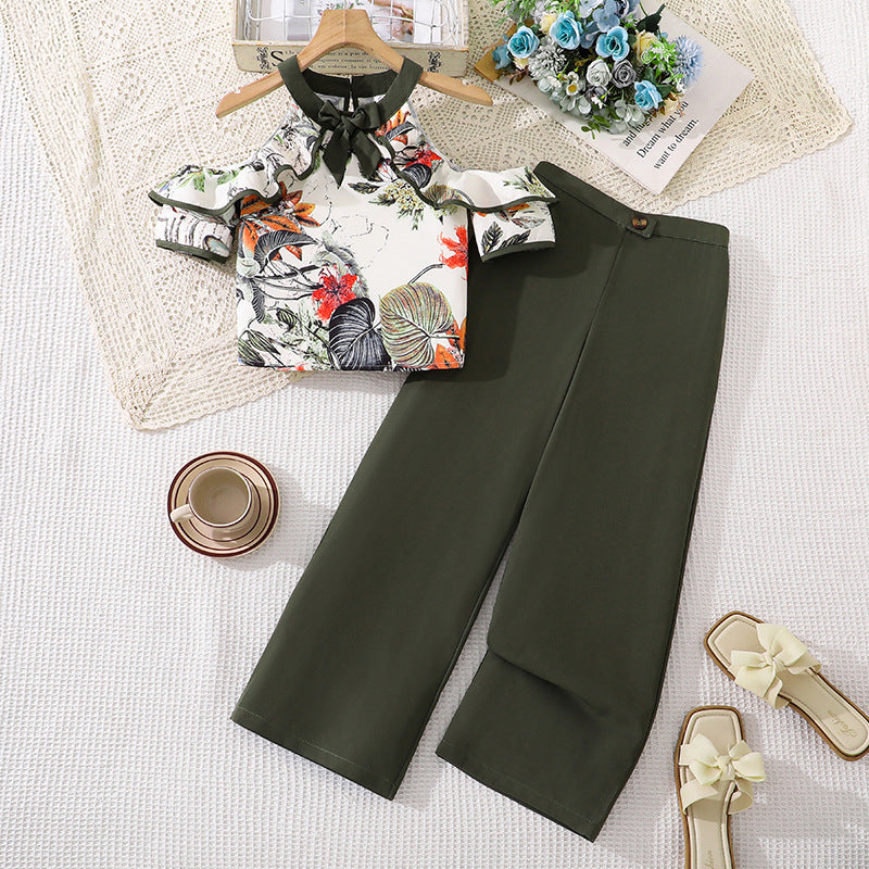 Export children's clothing  summer new arrivaleleganceprintingruffles short sleeve off shoulder topsloose pantsgirlsuit