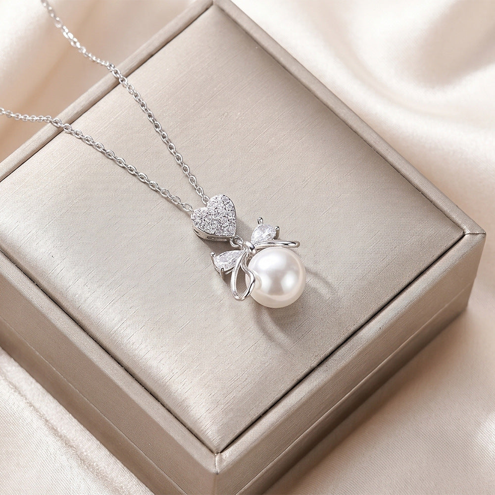 European and american hot-selling fashion zircon pearl necklace for women, lightweight luxury, niche, versatile, elegant, fashionable titanium steel clavicle chain jewelry