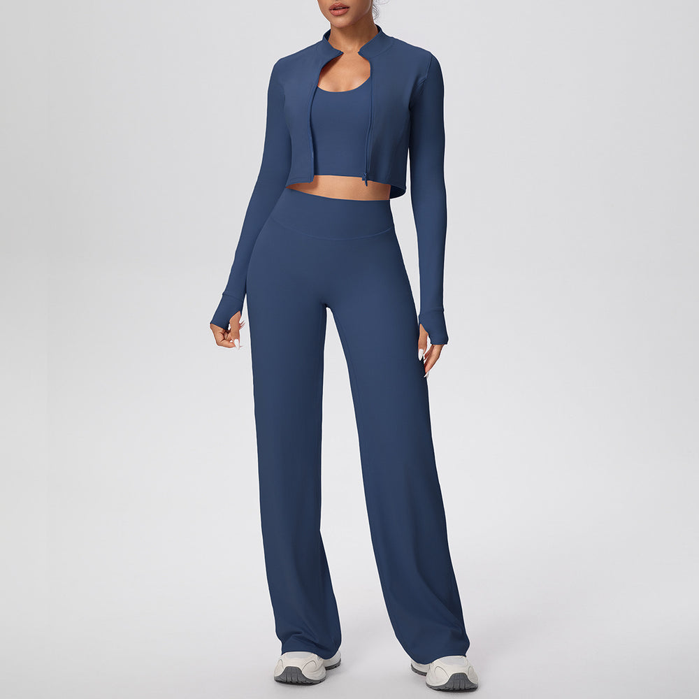 pure color brushed tight halter vest wide-leg long three-piece set sports running fitness yoga clothes suit