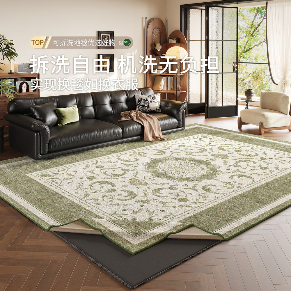 Removable and washable carpet, living room persian style, double layer sound insulation, green sofa, french retro style, waterproof, machine washable carpet