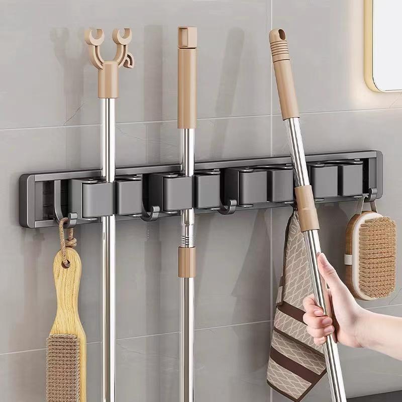 Blue vine mop wall mount clip - no drilling required - bathroom broom holder, mop rack organizer with large hook