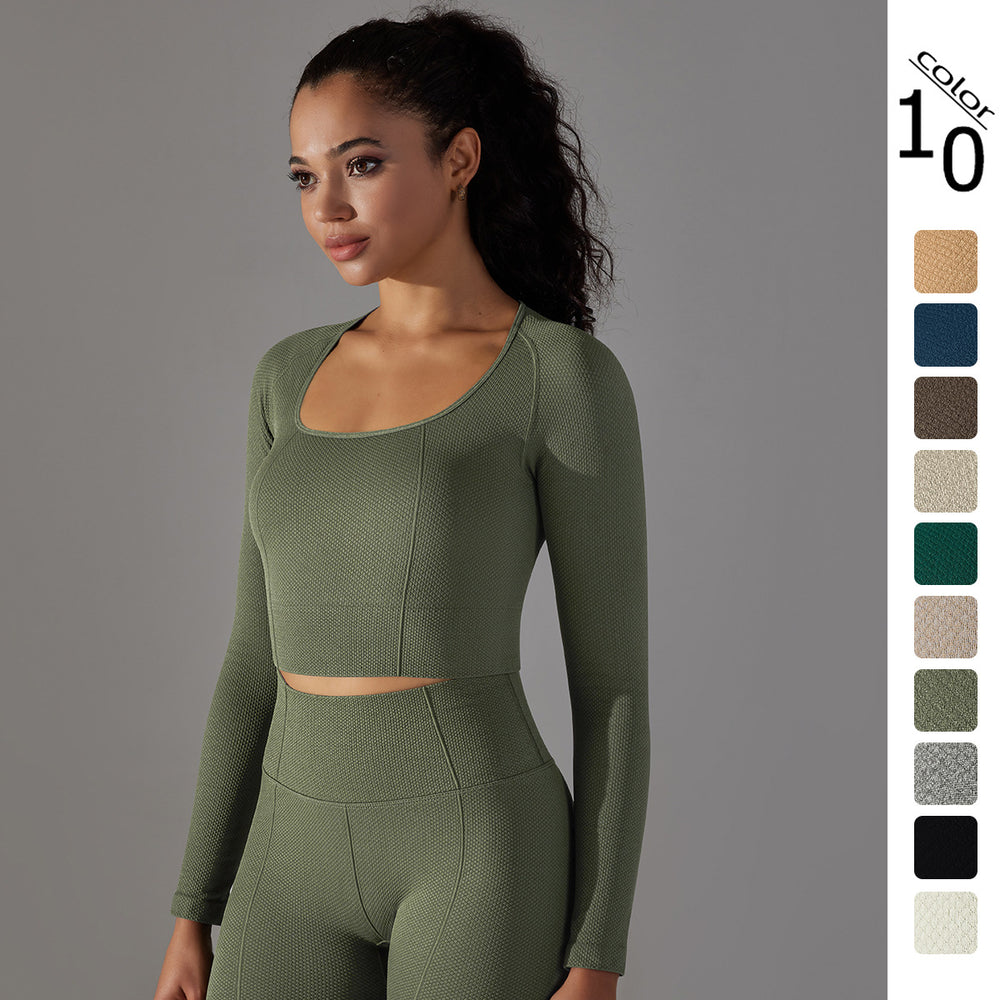 New arrival cross-border seamless pure color dotted stripes t-shirt high elastic low collar abdominal shaping yoga wear long sleevestops women