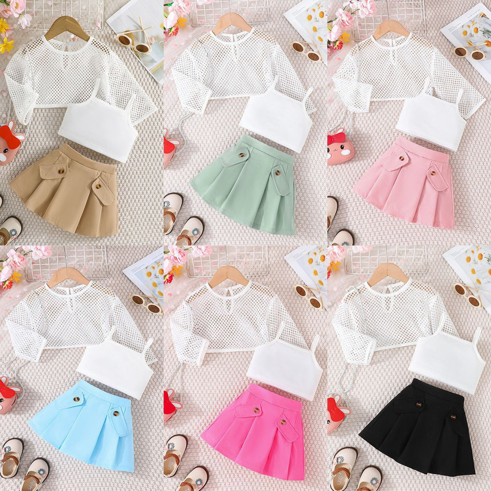 summer new girls' mesh long-sleeve top + cropped tank top + pleated skirt three-piece set - in stock