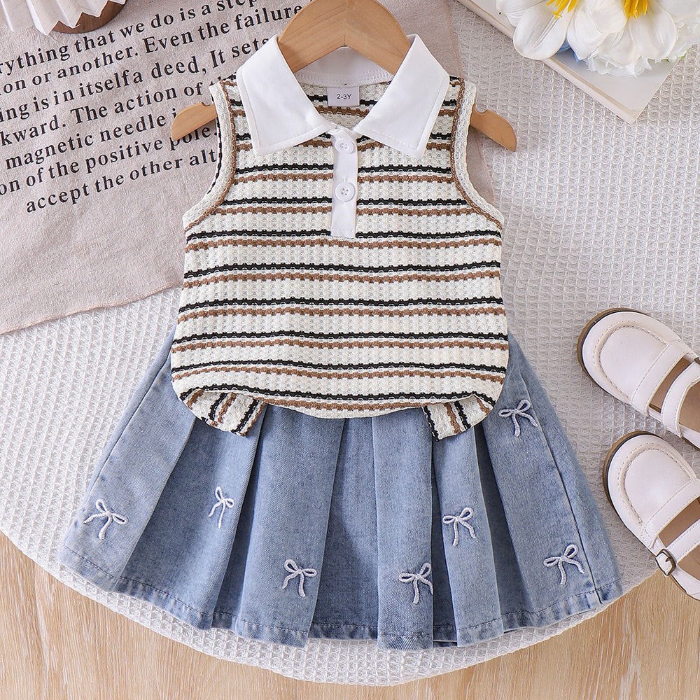 Baby clothing kids set children outfit white collar stripes vest+blue