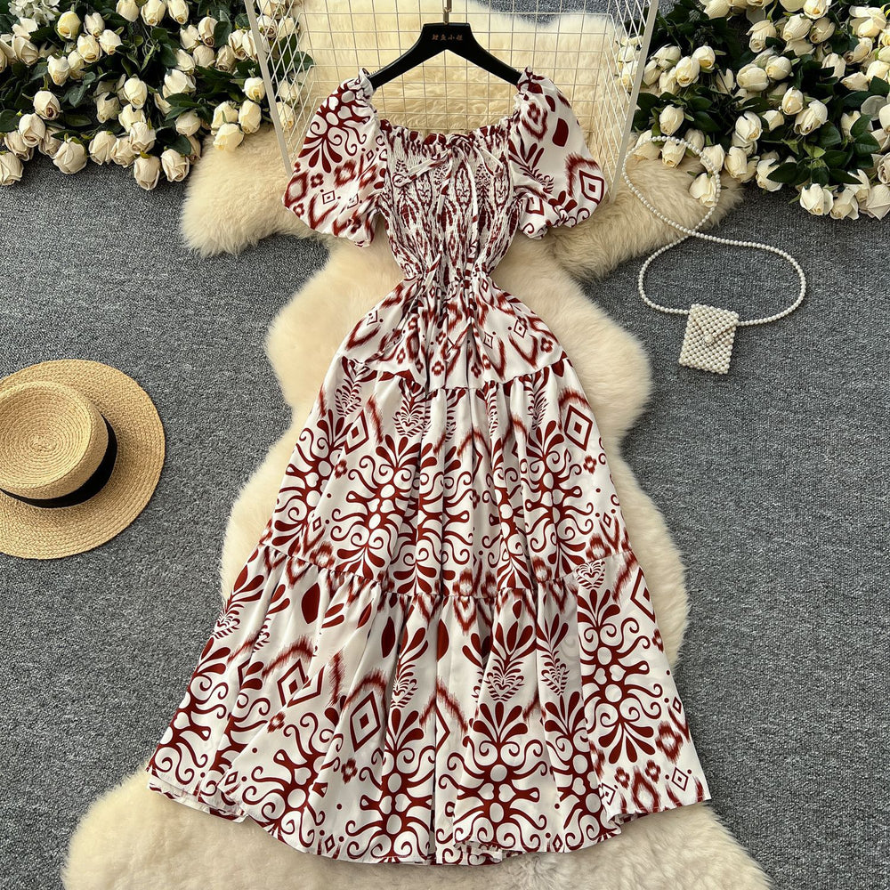 French retro square neck puff sleeve printed dress - women's  summer slimming a-line maxi dress