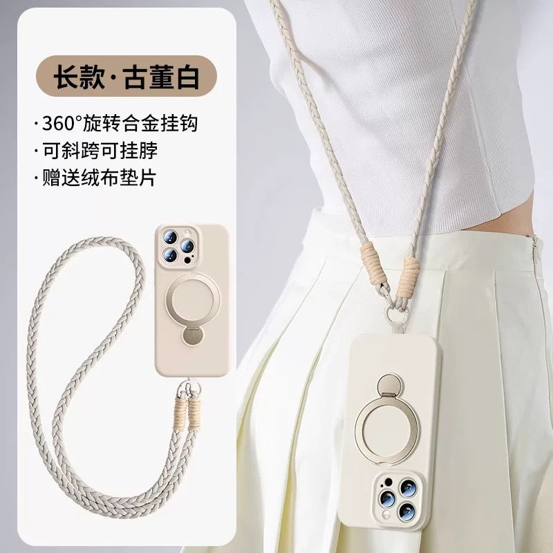 Rotating magnetic lanyard stand compatible with apple iphone 17 pure color liquid silicone case, iphone 15 pro max full coverage