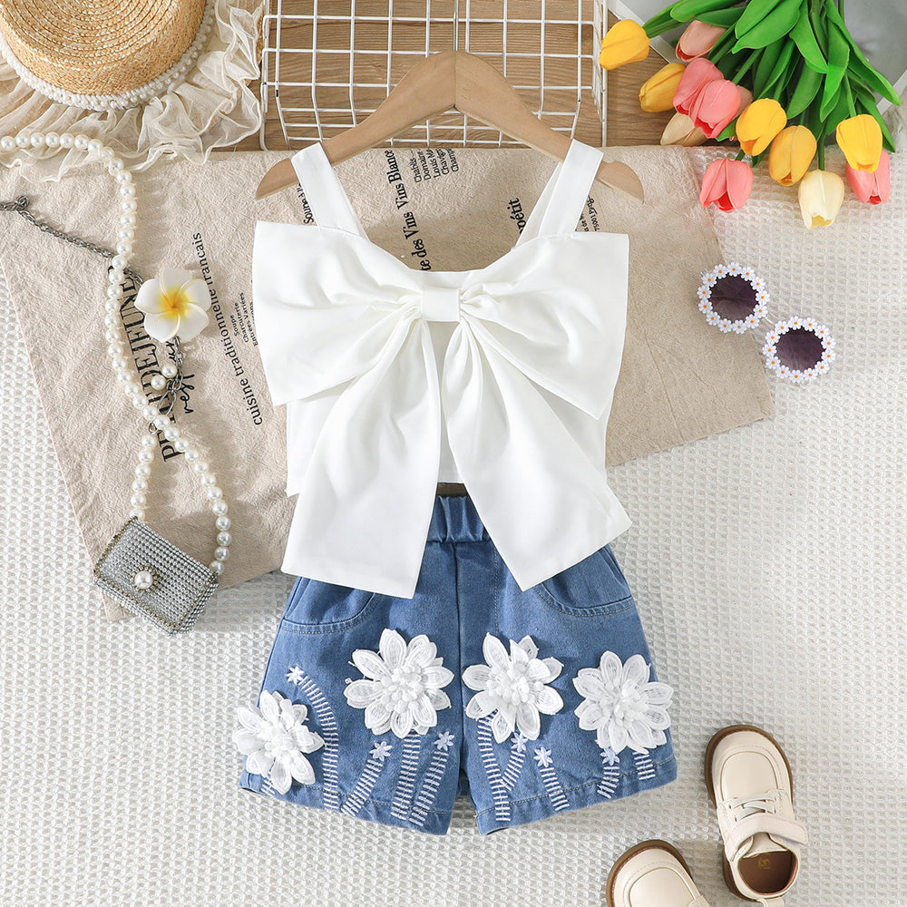 new european and american style girls' outfit: bowknot cami top + floral denim shorts set