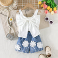 new european and american style girls' outfit: bowknot cami top + floral denim shorts set