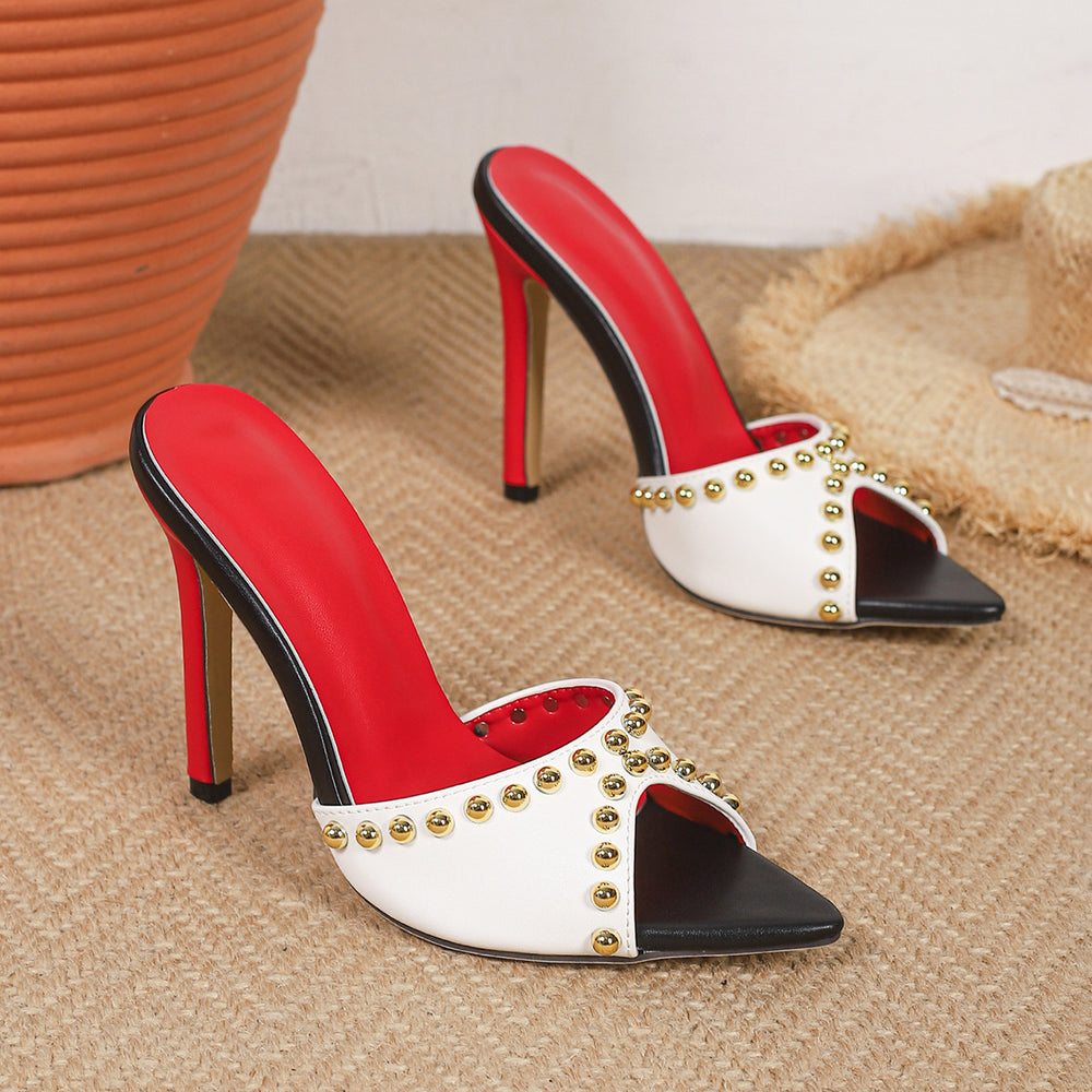 2026 new european and american style pointed-toe stiletto heel rivet color block peep-toe sandals women's fashion high heels for outdoor wear
