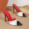 2026 new european and american style pointed-toe stiletto heel rivet color block peep-toe sandals women's fashion high heels for outdoor wear