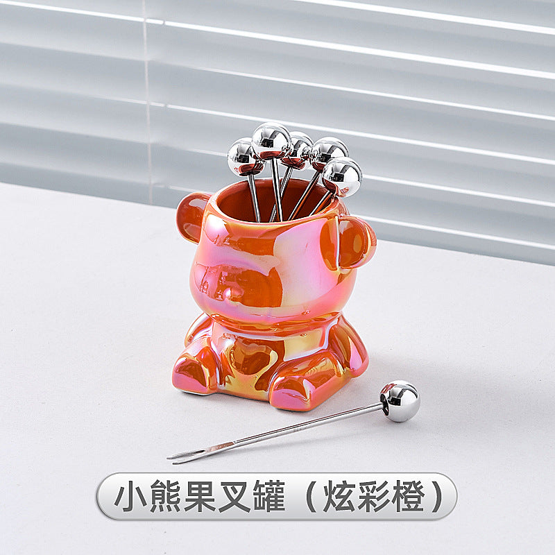 Simple ins style bear stainless steel fruit fork set fruit pick household high-looking ceramic fruit fork jar wholesale