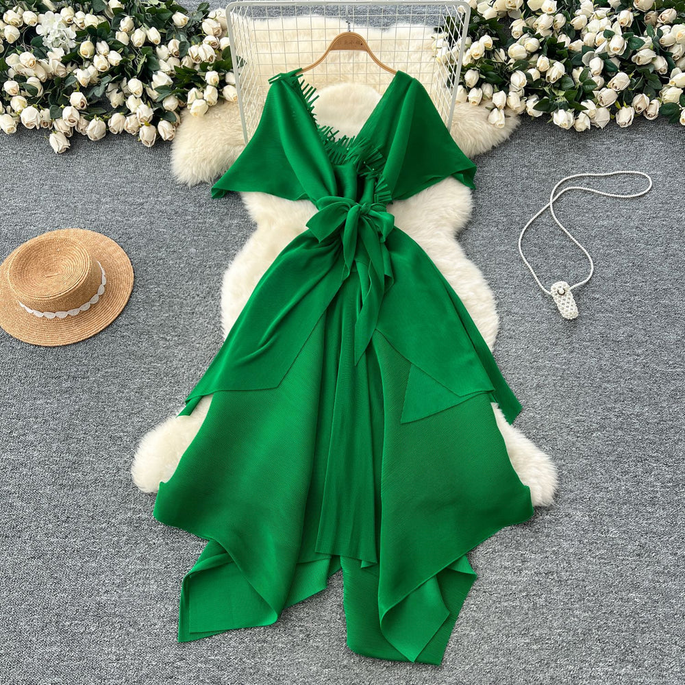 Fashionable v neckstereopatchwork strap waist asymmetrical pleated dress women's celebrity fashionable dress