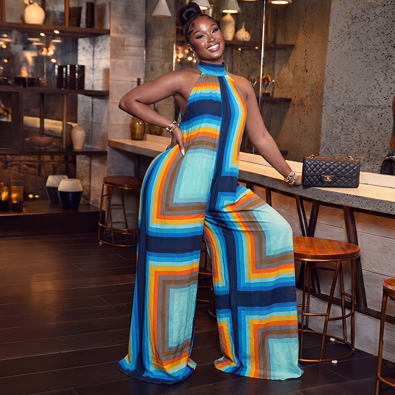 European and american style cross-border fashion women's summer color block print jumpsuit high neck sleeveless loose long romper