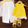 Girls' 3d floral outfit: yellow mesh flower sleeveless tank top & white wide-leg pants - fresh summer style