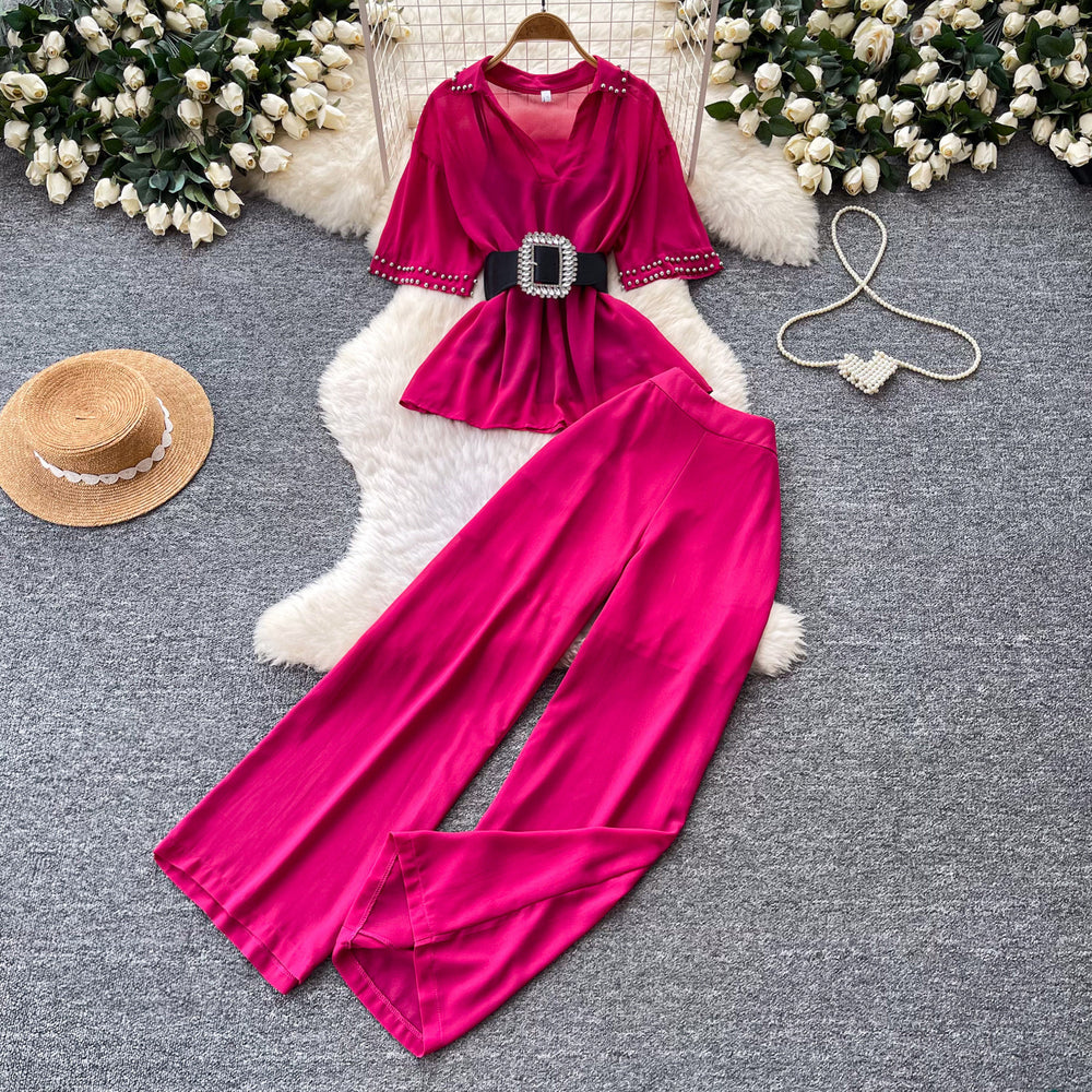 Lightly mature style, age-reducing and lazy feeling two-piece set women's summerstuds decorative waist topshigh waistloose pantssuit