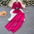 Lightly mature style, age-reducing and lazy feeling two-piece set women's summerstuds decorative waist topshigh waistloose pantssuit