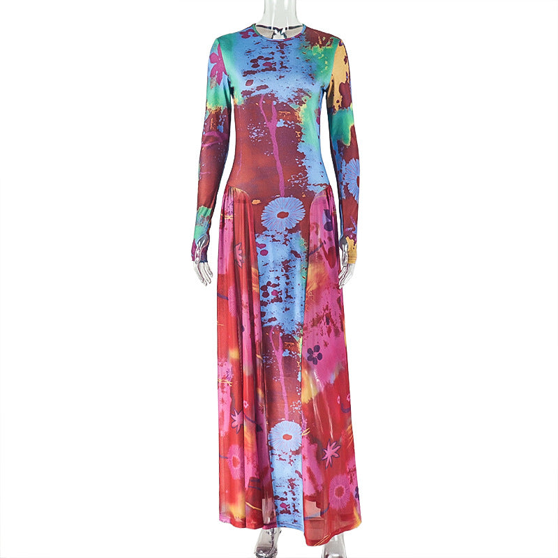 European and american style ins cross-border women's retro pleated print patchwork waist a-line dress - round neck, long sleeve, suitable for home wear