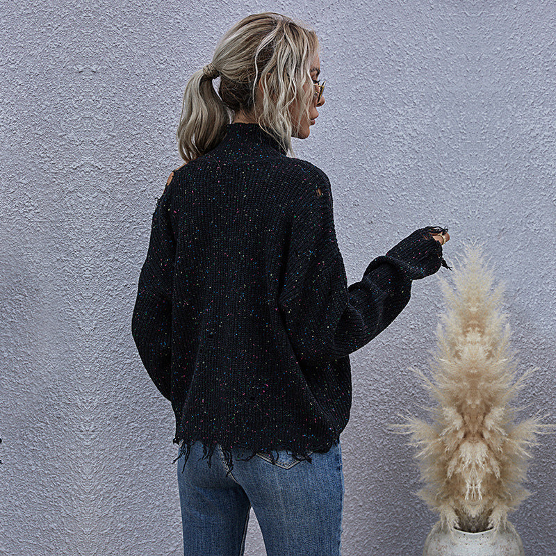 Europe, America, loose off-the-shoulder holes, long-sleeved turtleneck autumn knitted sweater, women's autumn popular women's clothing