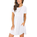 european and american  women's casual crew neck printed pullover short sleeve ruched pocket dress