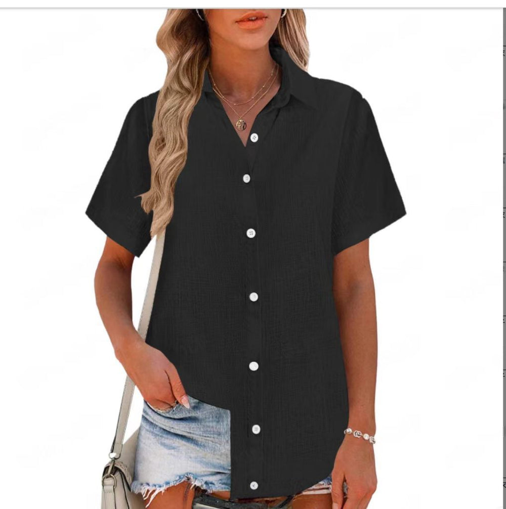 european and american cross-border  summer new arrival: women's solid color cotton linen short-sleeve shirt