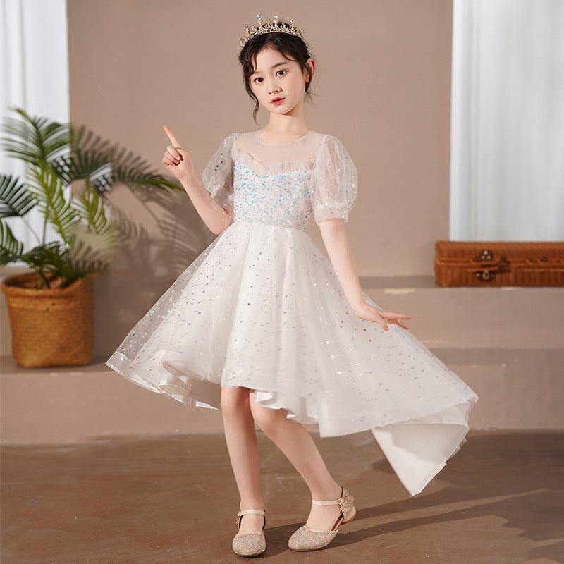 Girls' formal dresses, train, short front and long back, ready-made tulle skirts, girls' runway princess dresses, ready-to-ship for export, piano recital dresses